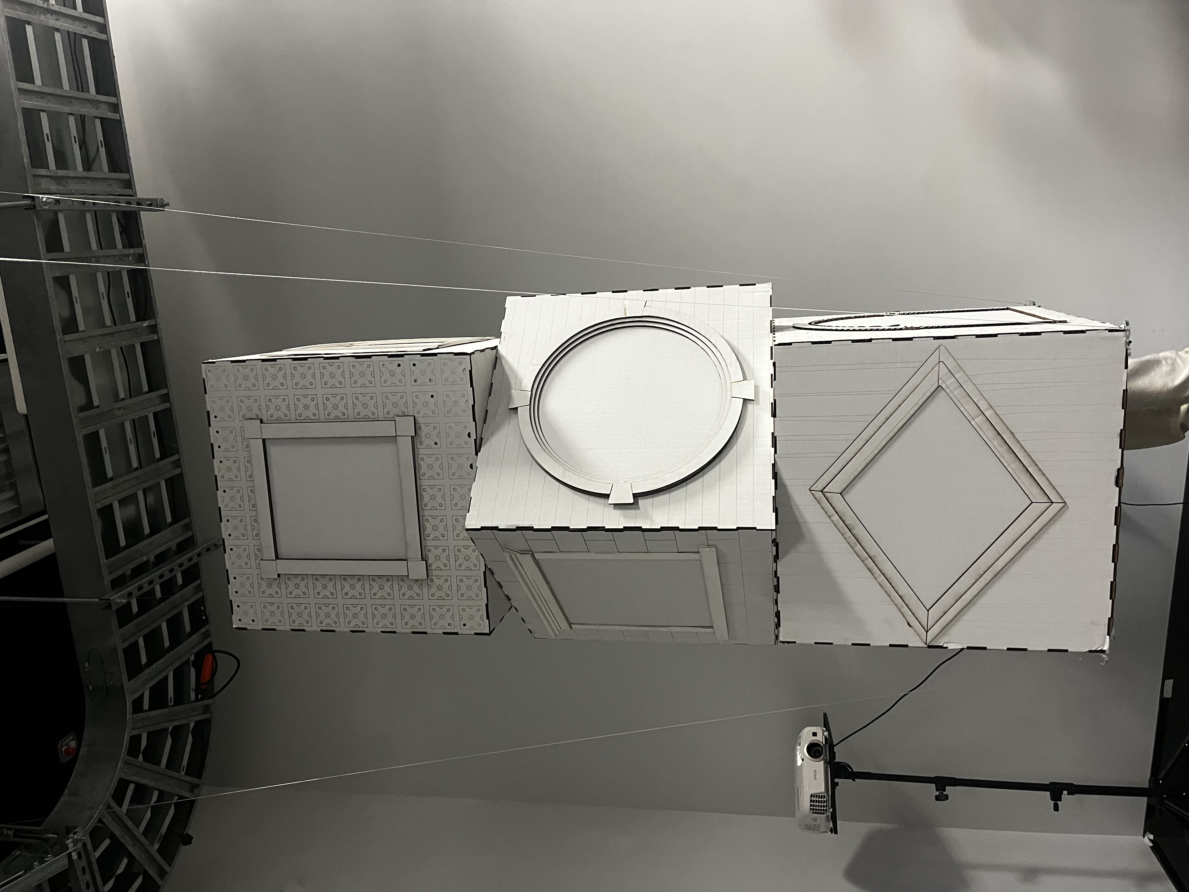 Suspended cube, projection mapped, view 2