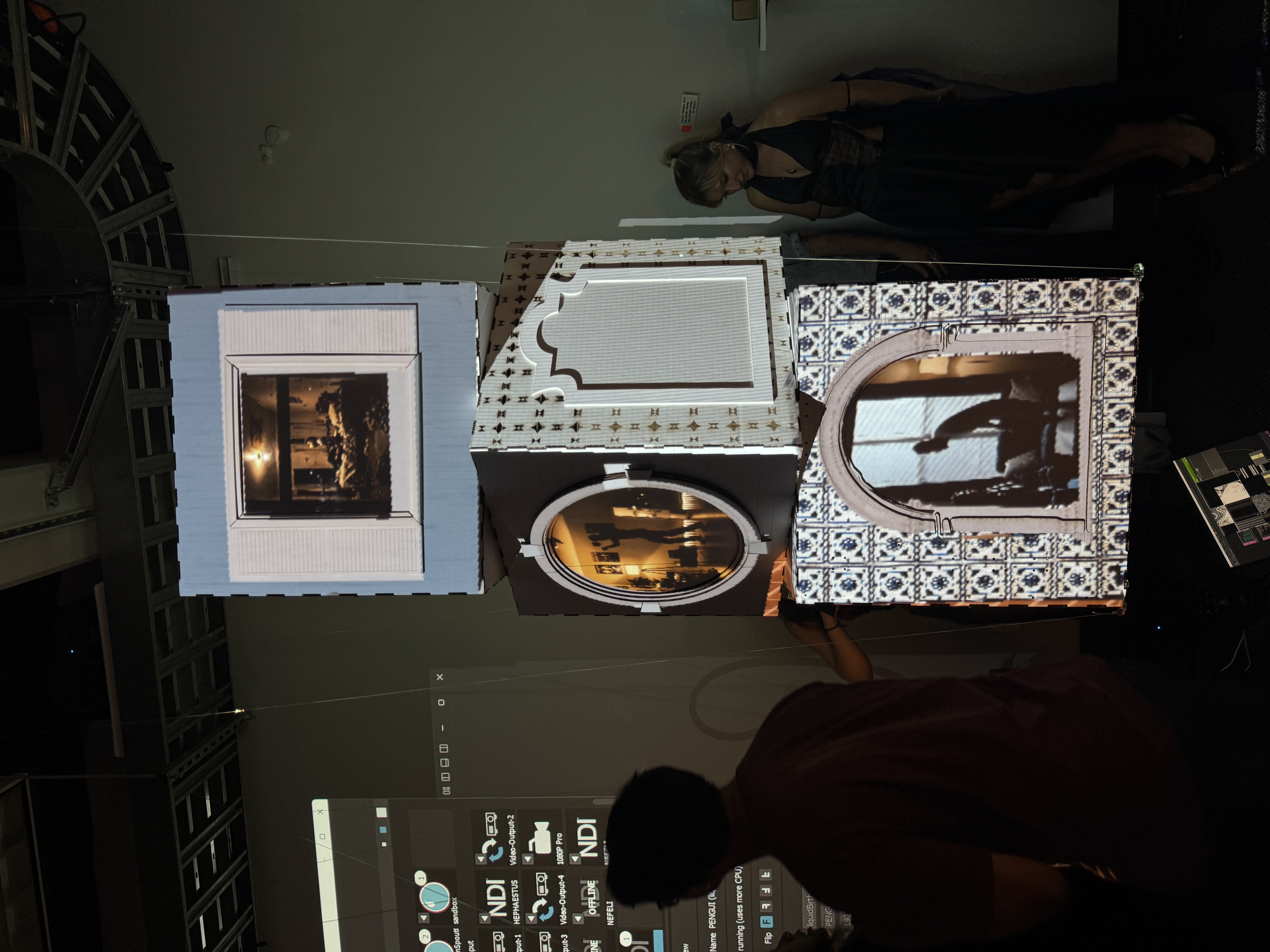 Suspended cube, projection mapped, view 1