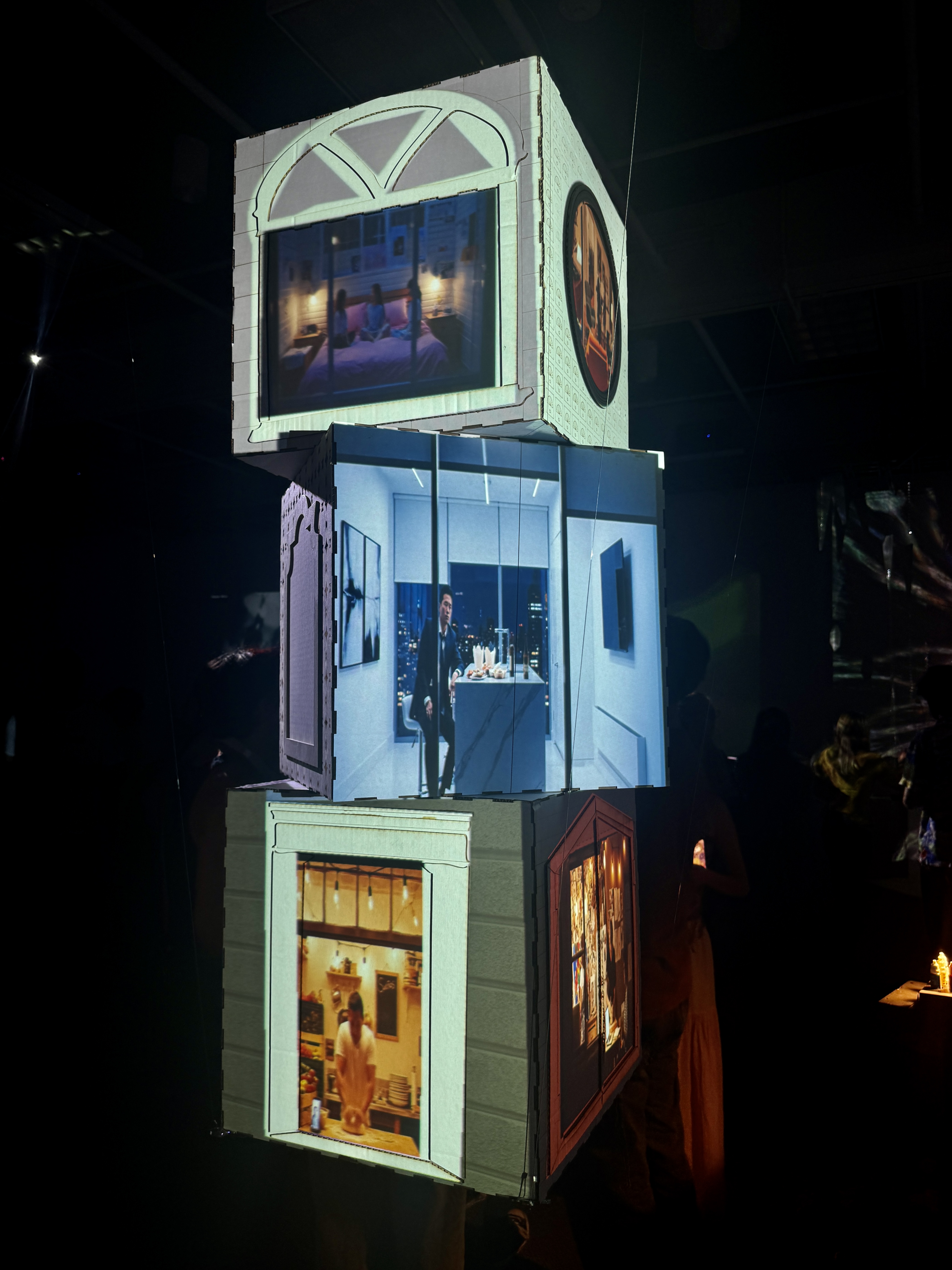 Suspended cube, projection mapped, view 3